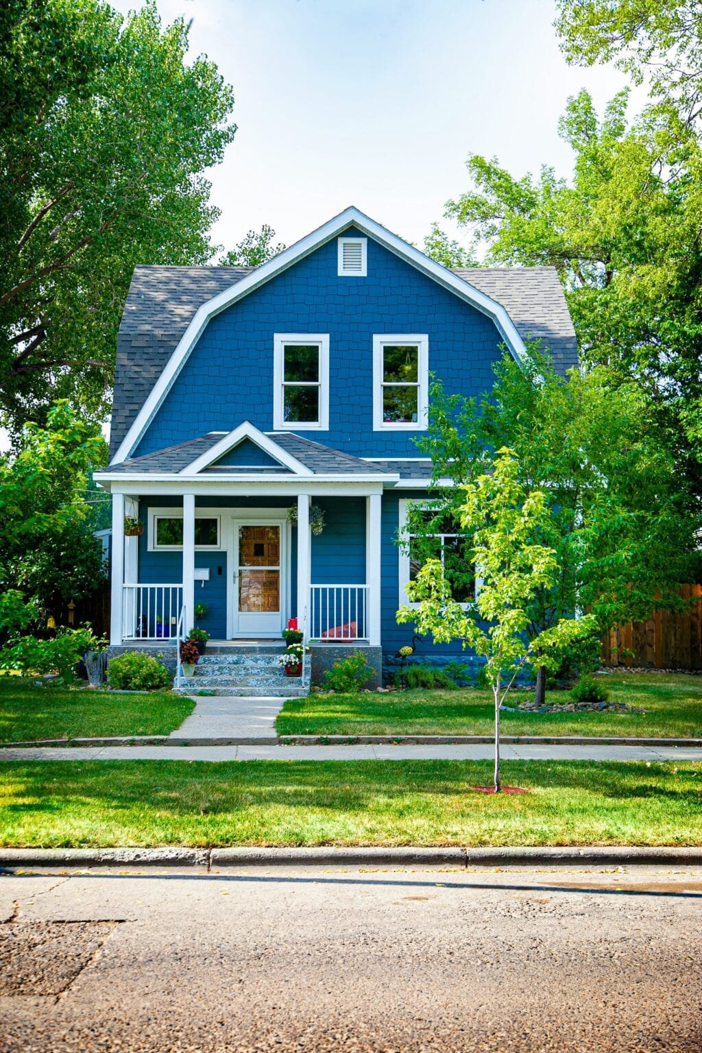Large blue house surrounded by greenery